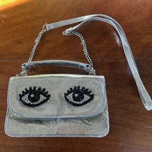 Betsey Johnson Silver Eye Crossbody Bag Metallic Beaded Clutch Y2K